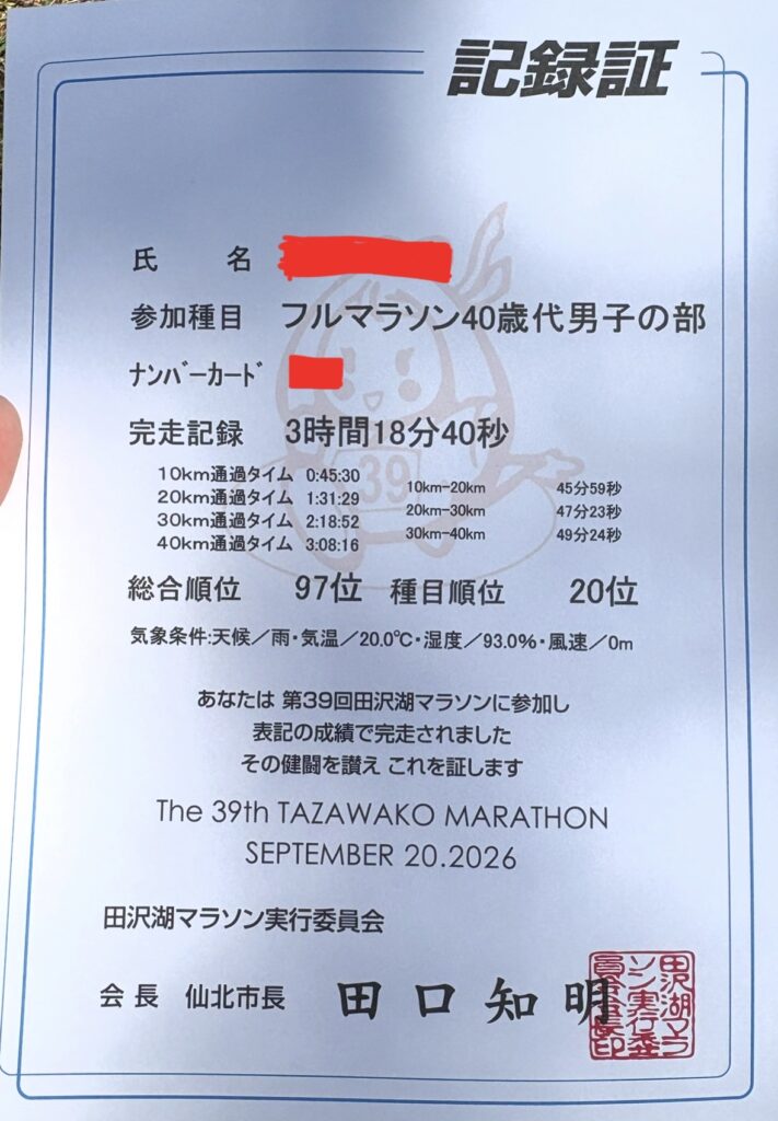 田沢湖マラソンの記録証。完走記録3時間18分40秒、総合97位、種目順位20位