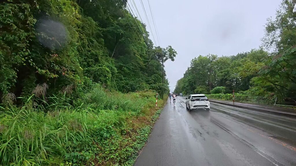 ランナーのすぐ横を車が走る片側通行の区間(7.6km付近)
