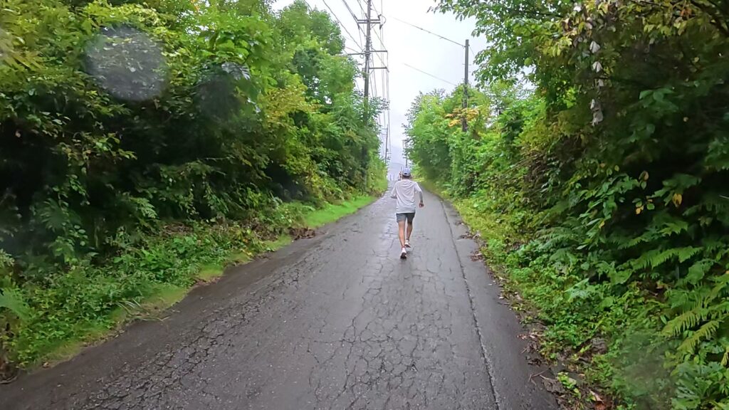 林の中の細い道を走るランナー（田沢湖マラソン5km過ぎ）